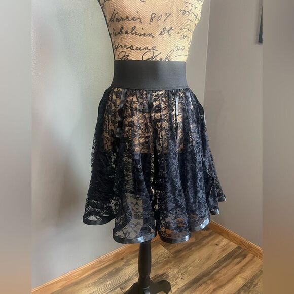 Vintage black tulle floral lace satin ribbon pleated bubble mini skirt Goth - Picture 11 of 12